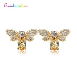 Rainbamabom Vintage 925 Solid Sterling Silver Citrine Gemstone Yellow Gold Bee Earrings Ear Studs Women Fine Jewelry Wholesale