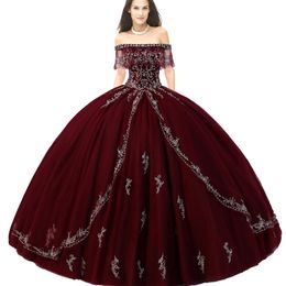 Stunning Scalloped Tulle Collar Shimmering Swirling Embroidery With Silver Beading Burgundy Quinceanera Dress Girls 15th Birthday Gown