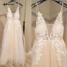 2021 Boho Wedding Dresses Lace Applique Beaded Spaghetti Straps Illusion Bodice Custom Made Beach Wedding Bridal Gown Vestido de novia