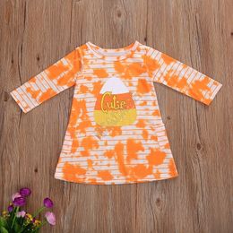 Children Girls Long Sleeve Dresses Halloween Pumkin Striped Tie Dye T Shirt One Piece Dress INS Kids Halloween Party Dress Clothing D91606