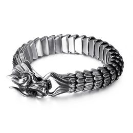 High polished Heavy 155g silver tone Men Biker Stainless steel Casting Dragon pattern bossy Bracelet bangle 15mm 8.66 inch Gothic Jewellery