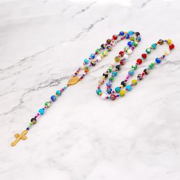 Shinus 2020 Fashion Bohemian Women Jewellery Seed Beaded Necklace Rainbow Macrame Christian Cross Pendant Popcorn Beads Necklaces