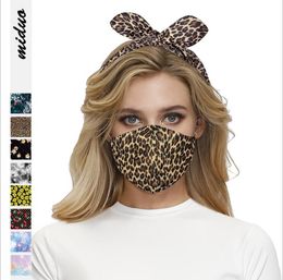 2 in 1 Face Mask Red Plaid Dot Printing Face Masks Headband Sunfiower Leopard Ear Protective Hairband Cross Hair Band Headress LSK1190