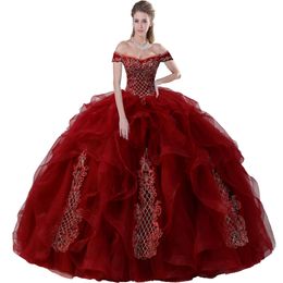 Fantastic Off Shoulder Silver Corded Applique Quinceanera Dress Trimmed Horsehair Ruffles Wine Red Tulle Sweet 16 Party Gown Burgundy