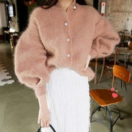 Fashion- Autumn Winter Mink Cashmere Thick Coat Women Pink Single Breasted Pearls Button Lantern Sleeve Knitted Cardigan