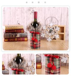 Christmas Decorations Creative New Wine Cover with Bow Plaid Linen Bottle Clothes with Fluff Creative Wine Bottle Cover Fashion Christmas Decoration