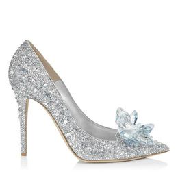 Wedding Heels Shoes 2021 women leather Pointed Toe Crystal Sequined sandals T-strap summer High Heel Ladies Sexy party sandal with box