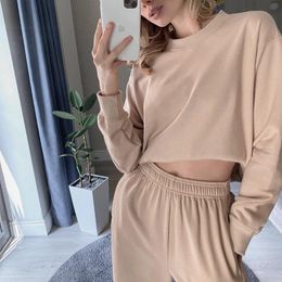 fsda autumn casual women set green long sleeve top shirt loose and pants bottom home two piece sets khaki sweatpants