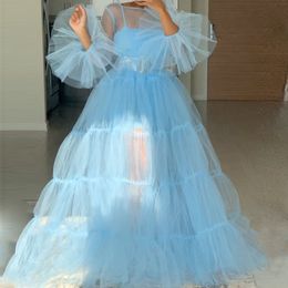 Sky Blue Illusion Prom Dress Long Off Shoulder Pleated See Through Maternity Photoshoot Party Gowns Evening Gown With Puffy Full Sleeve