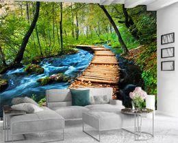 Custom 3d Landscape Wallpaper Romantic Wooden Bridge with Beautiful Forest Scenery HD Digital Printing Moisture-proof Wallpaper