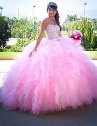 Princess Pink Ball Gown Quinceanera Dresses Sweetheart Puffy Tiers Skirt Glitter Crystals Beaded Prom Brithday Party Sweet 15 16 Dress