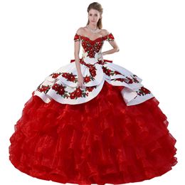 Vibrant Off Shoulder Embroidered 3D Rose Flowers Quinceanera Dress Mexican Charro Medallions White and Red Quince XV Ball Gown With Bowknot