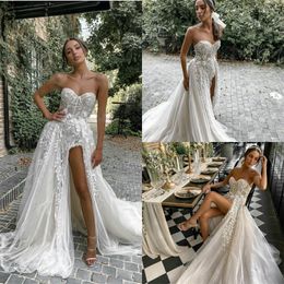 sexy highsplit wedding dresses bohemia appliqued lace ruched tulle cheap bridal gown custom made sweep train beach boho robes de marie