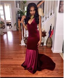 Burgundy Velvet Mermaid Prom Dresses Robes Oriental Dubai Arabic Evening Gowns Sexy V-Neck Open Back Vestidos de Fiesta