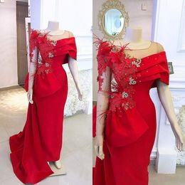 New Red Mermaid Arabic Prom Dresses Scoop Neck Lace Appliques Crystal Beaded Feather Flowers Long Sleeves Evening Dress Wear Party Gowns