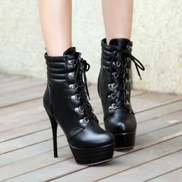 high heel boots cheap UK - Quality Fashion Ladies Short Boots Booties Thin High Heel Thick Platform Booties Round Toe Lace Up Lady Cheap Fashion Boot