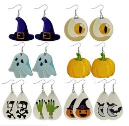 Halloween Christmas Theme leather Earrings Skull Pumpkin Print Drop Dangle Earring Jewelry Gifts for Women Girls DHL free