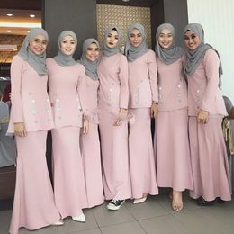 Pink Muslim Mermaid Bridesmaid Dresses 2021 O Neck Long Sleeve Floor Length Garden Wedding Guest Party Gowns Maid of Honour Dress