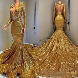 Charming Gold Sequined Prom Dresses Sexy Deep V Neck Mermaid Evening Gowns Long Sleeves Open Back Sweep Train Party Dress Cheap