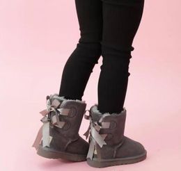 FREE SHIPPING kids Bailey 2 Bows Boots Leather toddlers Snow Boots Solid Botas De nieve Winter Girls Footwear Toddler Girls Boots