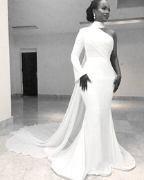 African White Mermaid Prom Dresses One Shoulder High Neck Court Train Satin Women Formal Trumpet Evening Gowns Party Dress Robe de Soriee