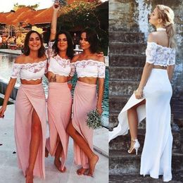 Two Piece 2021 Bridesmaid Dresses Sheath Short Sleeves Scalloped Off The Shoulder Front Slit Custom Made Beach Wedding Maid Of Honor Gown