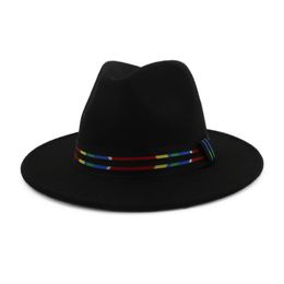 Men Women Jazz Hard Felt Fedora Panama Wide Brim Felt Hat Striped Band Decorated Unisex Formal Top Hat Chapeau Trilby