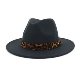 Unisex Wool Felt Jazz Fedora Hats with Leopard Grain Belt Women Men Wide Brim Panama Trilby Carnival Formal Hat