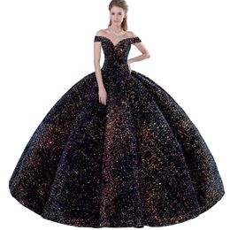 Attractive Portrait Off Shoulder Quinceanera Dress Sparkly Metallic Sequined Covered Box Pleated Floor Length Ball Gown For Girls Quinceanera