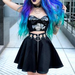 Skirts JIEZuoFang Gothic Metal Iron Ring Decoration Women Punk Style PU Patchwork Pleated Skirt Zipper Hollow Out Girls