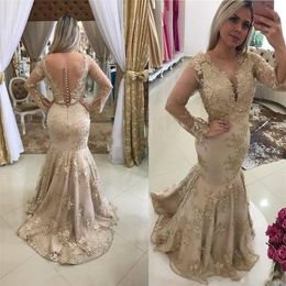 Lace Appliques Long Sleeves Mermaid Evening Dresses Beading Natural Waistline Ladies Prom Party Gowns Custom Made Formal Beading