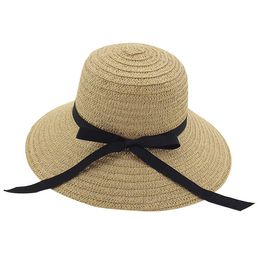Fashion Summer Straw Bowknot Ribbon Beach Bucket Hats Women Ladies Folding Travel Hat Wide Brim Sun Visor Cap Sunhat