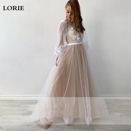 LORIE Champagne Princess Wedding Dress Puff Sleeve Lace Appliques Bride Dress A-Line Backless Boho Wedding Gown