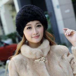 Winter Womens Hats Natural Real Fur Knitted Cap Fashionable Fluffy Ladies Genuine Fur Beanie Female Black Caps198Q