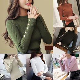 2019 Casual Women O Neck Long Sleeve Buttons Cuff Elastic Knitted Ribbed Slim Sweater Warm Loose Knitted Pullover Sweater Ladies