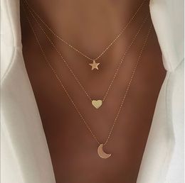 2020 New Fashion Multilayer Love Heart Necklaces Womens Gold Moon and Star Ball Chain Necklace Jelwery