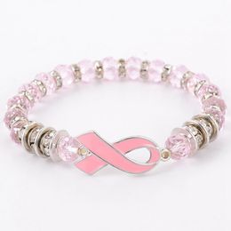 Breast Cancer Awareness Beads Bracelets Pink Ribbon Bracelet Glass Dome Cabochon Buttons Charms Jewellery Gifts For Girls Women