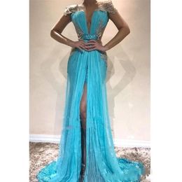 New Turquoise Sequined Lace Evening Dresses Wear Backless Cap Sleeve Deep V Neck Sequins Split Chiffon Mermaid Formal Prom Dress Party Gowns