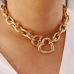 Gold Punk Choker Necklaces Hip Hop Jewelry Big Thick Metal Heart Clasp Statement Chunky Link Chain Love Charm Bracelets for Women Xmas