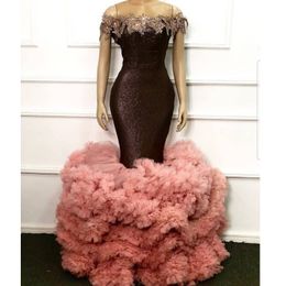 Ruffles Mermaid Prom Dresses Off Shoulder Tiered Blush Pink Bottom Lace Appliques Evening Dress African robe de soiree