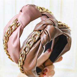 Metal Chain Winding PU Knot Headband for Women New Hair Accessories Solid Leather Hairband Adults Outdoor Headdress Head Band
