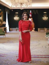 Elegant Arabic Backless Red Evening Dresses With Sleeves Column Long Formal Prom Gowns Turkey Custom Feather Party dresses L13