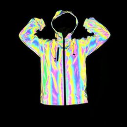 Men's Jackets Hooded Colorful Reflective Jacket Men/Women 2021 Brand Mens And Coats Night Fluorescen Windbreaker Chaquetas Hombre XXXL