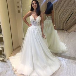 2019 A Line Wedding Gowns Charming Illusion Corset Sexy V Neck Lace Wedding Dresses Spaghetti Straps Appliques Bridal Gowns F108