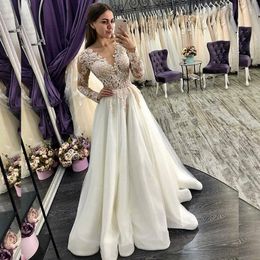 Long Sleeves A-Line Tulle Wedding Dresses Romantic Lace Appliques V Neck Formal vestido De Noiva Sexy Bridal Gowns