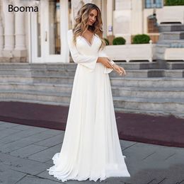 Booma Beach Chiffon Wedding Dresses Long Sleeve Boho Bridal Gown White Lace Appliques Wedding Gowns Custom Made Plus Size V-neck
