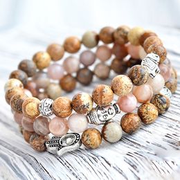 MG0746 8 mm A Grade Sunstone Energy Bracelet Set Hamsa Hand Wrist Mala Bracelet Lotus Flower Charm Yoga Bracelet Set