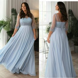 Plus Size Light Sky Blue Prom Dresses Sexy Backless Beads Evening Dress Plus Size Ruched Chiffon Custom Made Party Dress