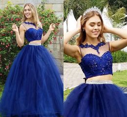 A-line Quinceanera Prom Dresses robe de soiree Royal Blue 2021 Lace Applique Beaded Belts Cap Sleeve 2 Piece Dress Evening Wear Formal Party