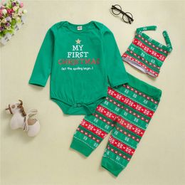 Newborn Clothing Suits Infant Printed Green Hatchcoat Hat Set Christmas Children's Long Sleeve Jumpsuit + Pants + Hat 3-piece Set Wholesale